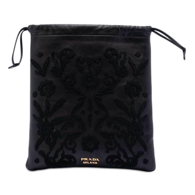 Prada Embroidered Leather Drawstring Pouch Black Leather Very good condition - Front View