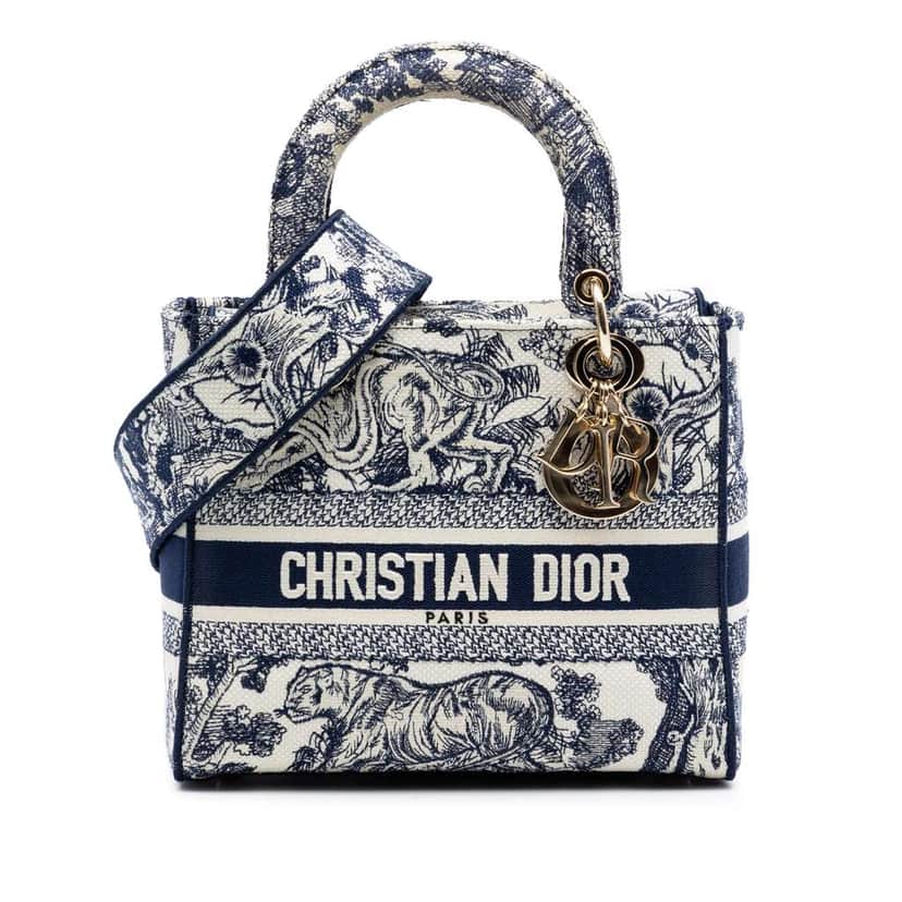 Dior Medium Embroidered Canvas Toile de Jouy Lady D Lite Blue Canvas Very good condition - Front View