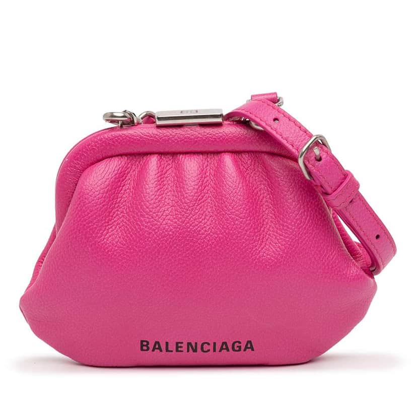 Balenciaga Mini Grained Calfskin Cloud Coin Purse On Strap Pink Leather Very good condition - Front View