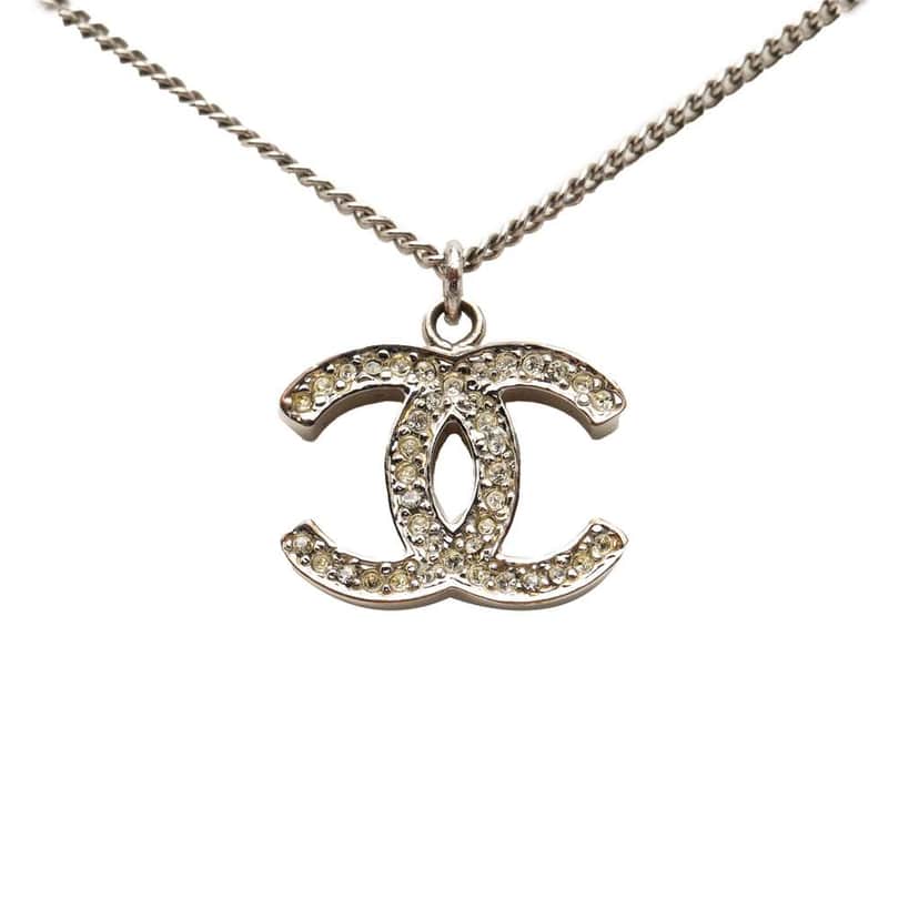 Chanel CC Silver Plated Rhinestone Pendant Necklace Silver Metal Very good condition - Front View
