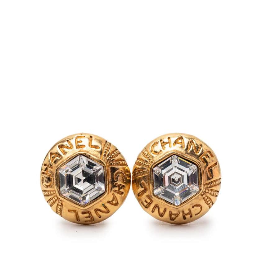 Chanel Gold Plated Crystal Logo Hexagonal Clip On Earrings Gold Metal Very good condition - Front View
