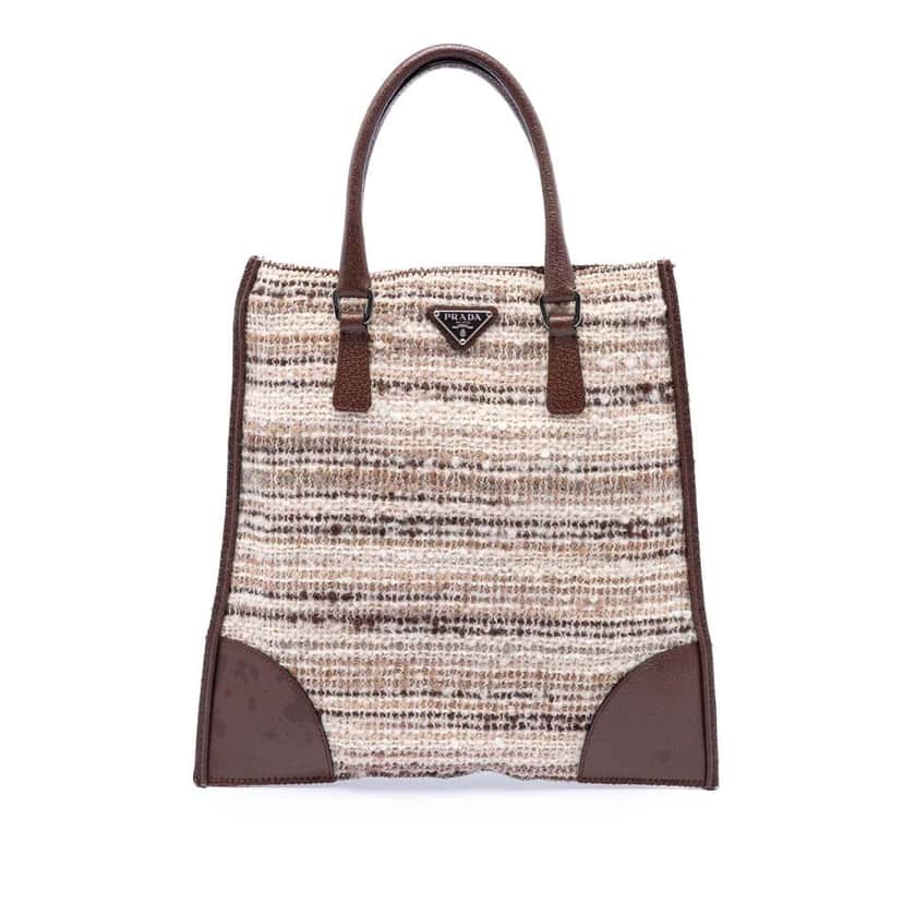 Prada Vitello Trimmed Tweed Flat Tote Beige Tweed Very good condition - Front View