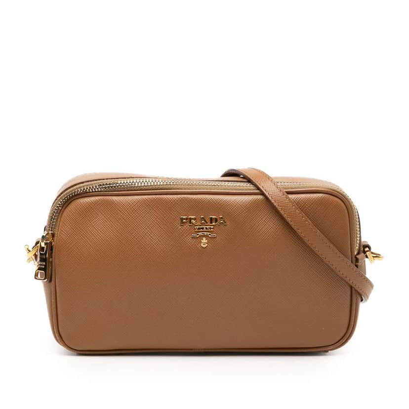 Prada Mini Saffiano Double Zip Crossbody Brown Leather Very good condition - Front View