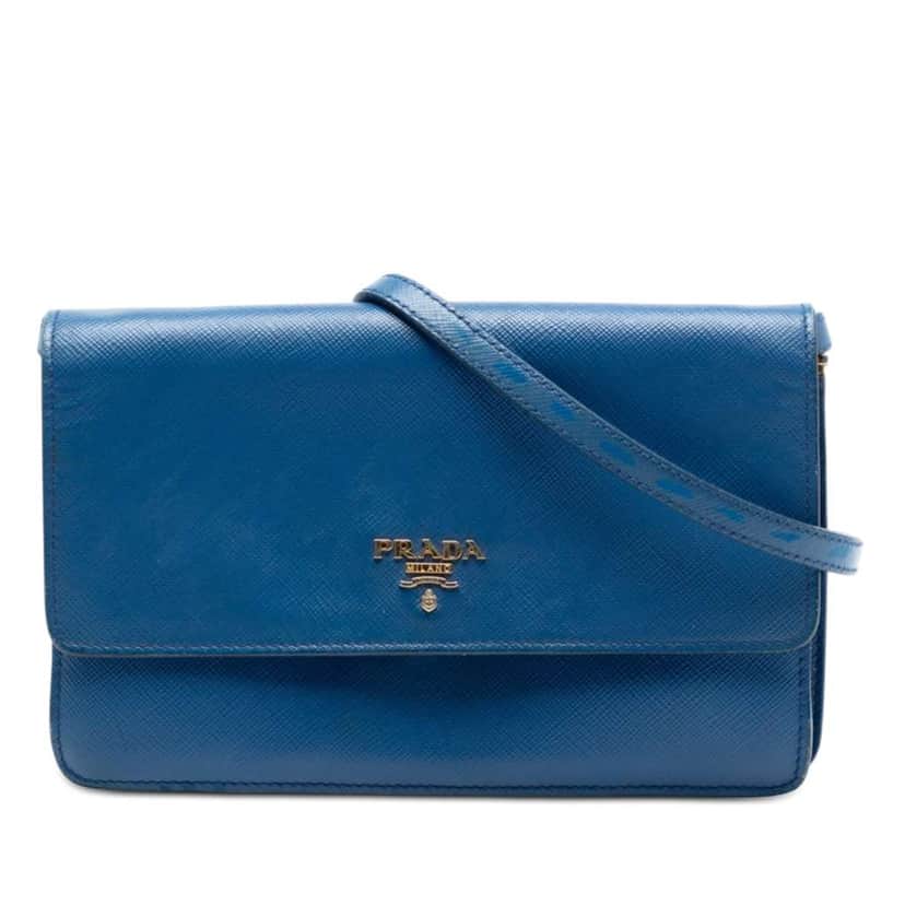 Prada Saffiano Wallet on Strap Blue Leather Very good condition - Front View