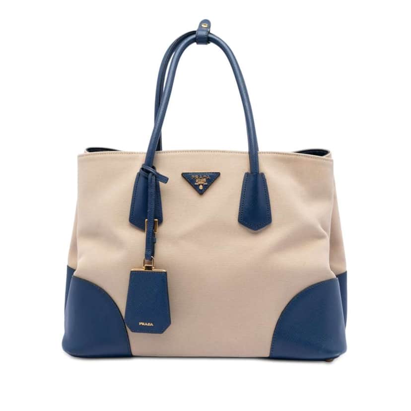 Prada Large Canapa and Saffiano Double Satchel Beige Canvas Very good condition - Front View