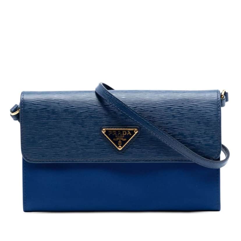Prada Vitello Move and Tessuto Wallet On Strap Blue Very good condition - Front View