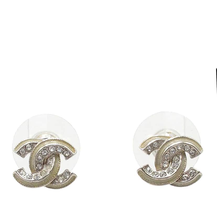 Chanel CC Plated Brass Strass Push Back Earrings Silver Brass Very good condition - Front View