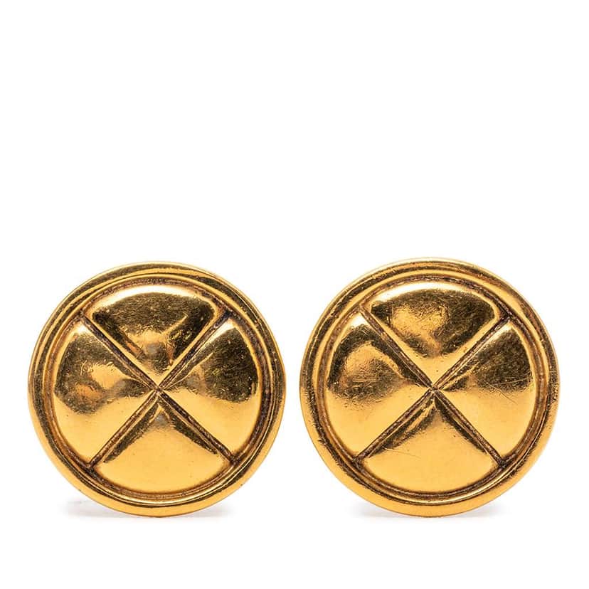 Chanel Gold Plated Quilted Round Clip On Earrings Gold Metal Very good condition - Front View