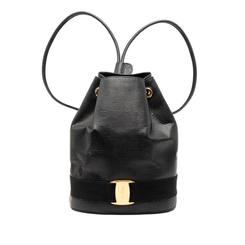 Salvatore Ferragamo Lizard Embossed Leather Vara Bow Drawstring Backpack Black Leather Very good condition - Front View