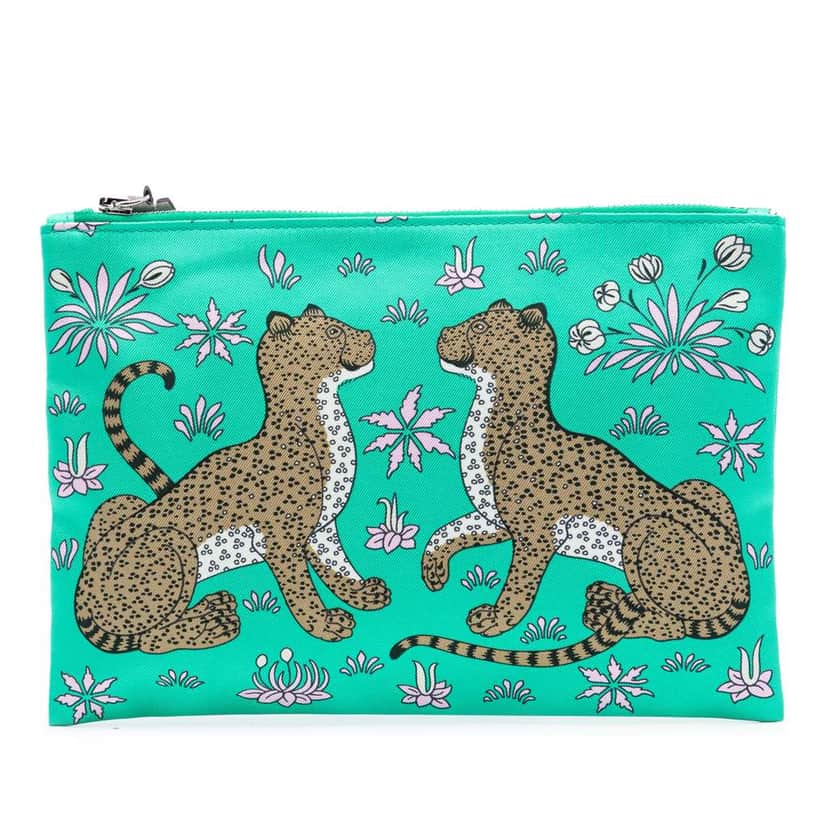 Hermès Les Leopards Silky Pocket Cosmetic Case Green Silk Very good condition - Front View