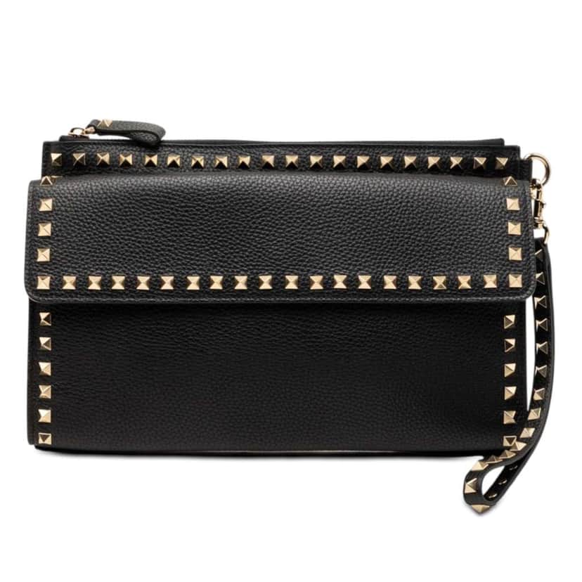 Valentino Grained Calfskin Rockstud Wristlet Clutch Black Leather Very good condition - Front View