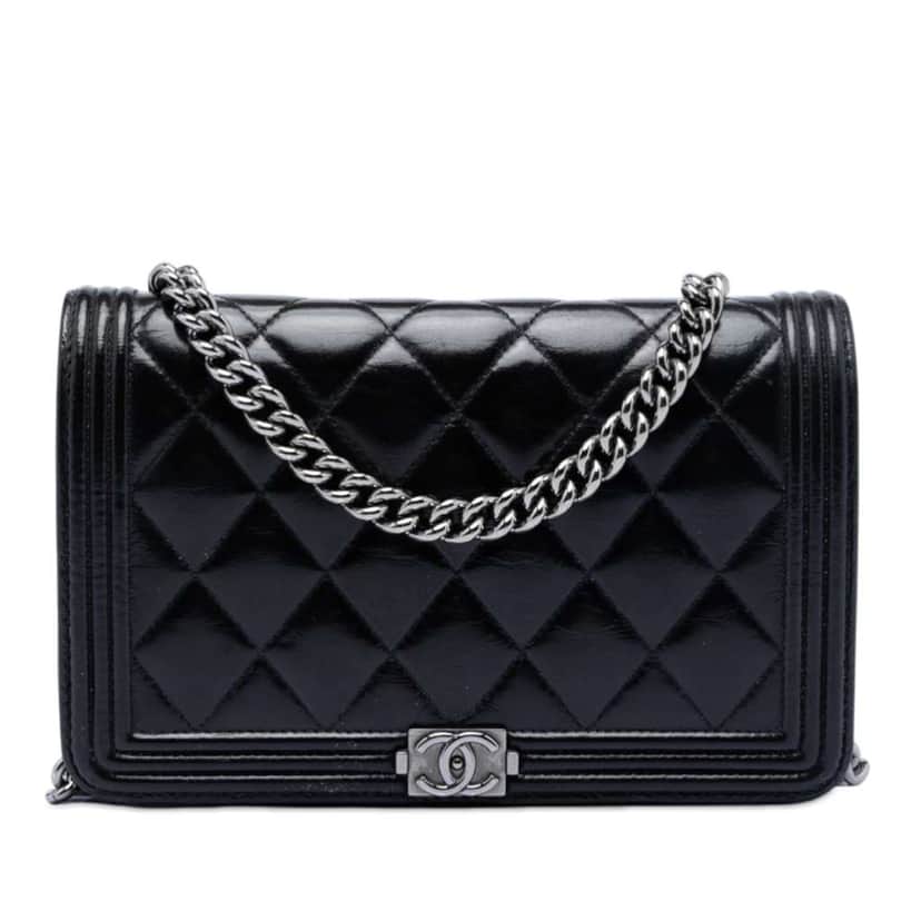 Chanel Quilted Shiny Aged Calfskin Boy Wallet On Chain Black Leather Very good condition - Front View