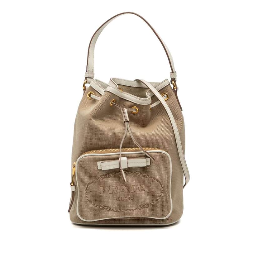 Prada Canvas Canapa Logo Bow Drawstring Bucket Bag Brown Canvas Very good condition - Front View