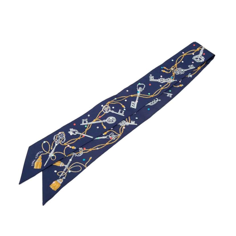 Hermès Les Cles a Pois Silk Twilly Scarf Blue Silk Very good condition - Front View