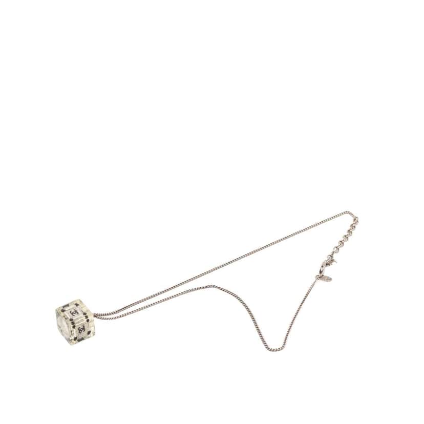 Chanel CC Plated Brass Acrylic Cube Pendant Necklace Silver Brass Very good condition - Front View
