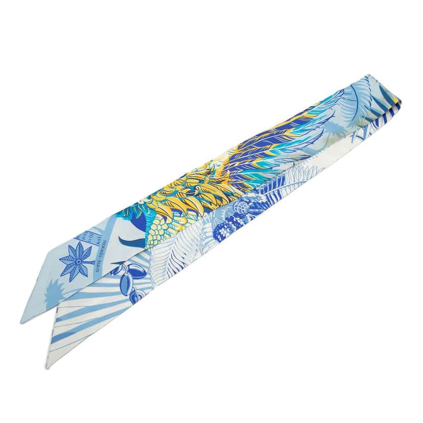 Hermès Mythiques Phoenix Coloriage Silk Twilly Scarf Blue Silk Very good condition - Front View