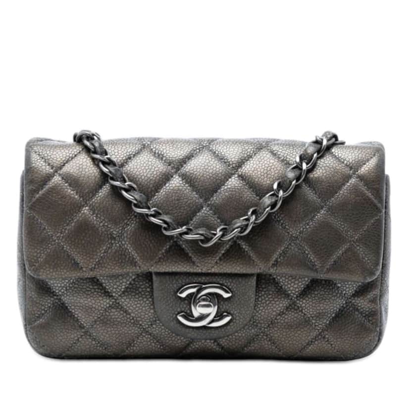 Chanel Mini Rectangular Classic Metallic Caviar Single Flap Grey Leather Very good condition - Front View