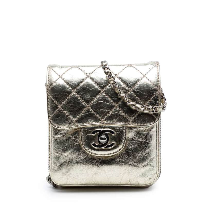 Chanel Quilted Metallic Aged Calfskin Clams Wallet on Chain Gold Leather Very good condition - Front View