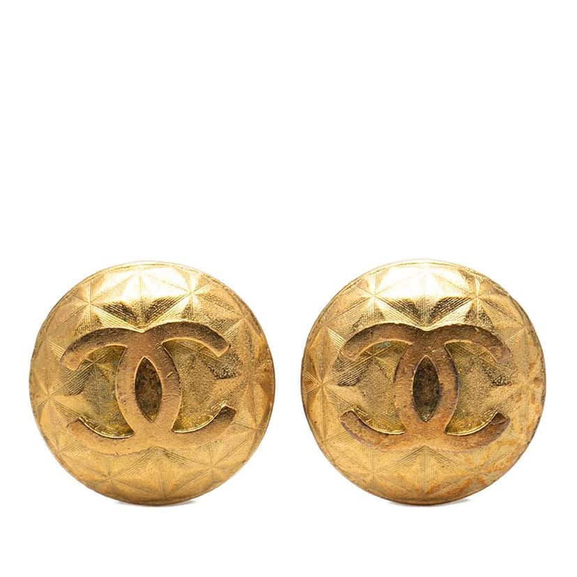 Chanel CC Gold Plated Round Clip On Earrings Gold Metal Very good condition - Front View