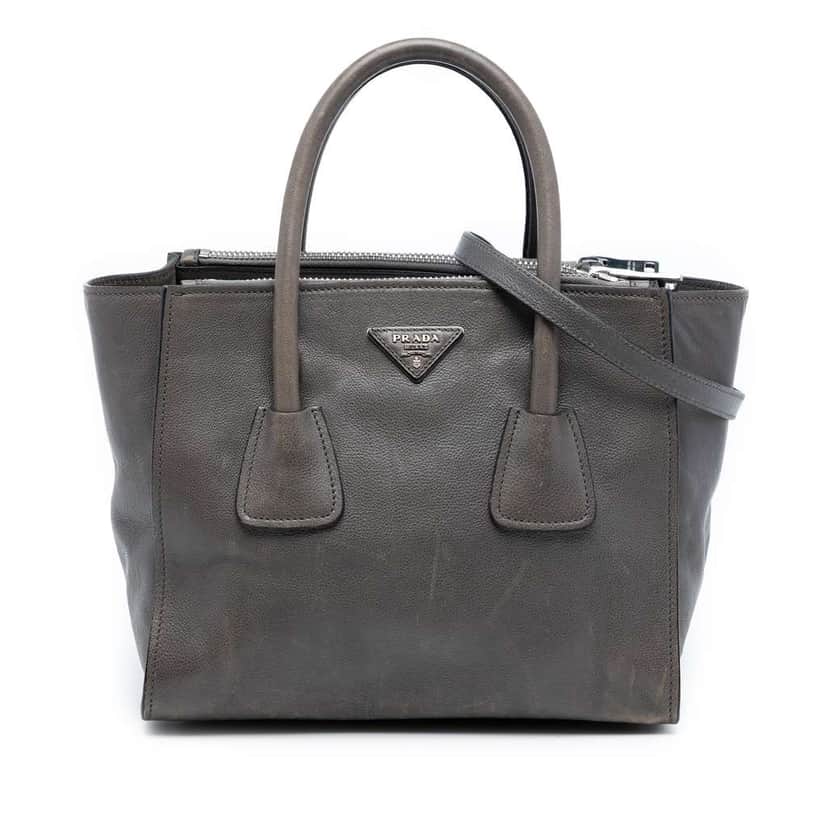 Prada Small Glace Calf Twin Pocket Satchel Grey Leather Very good condition - Front View