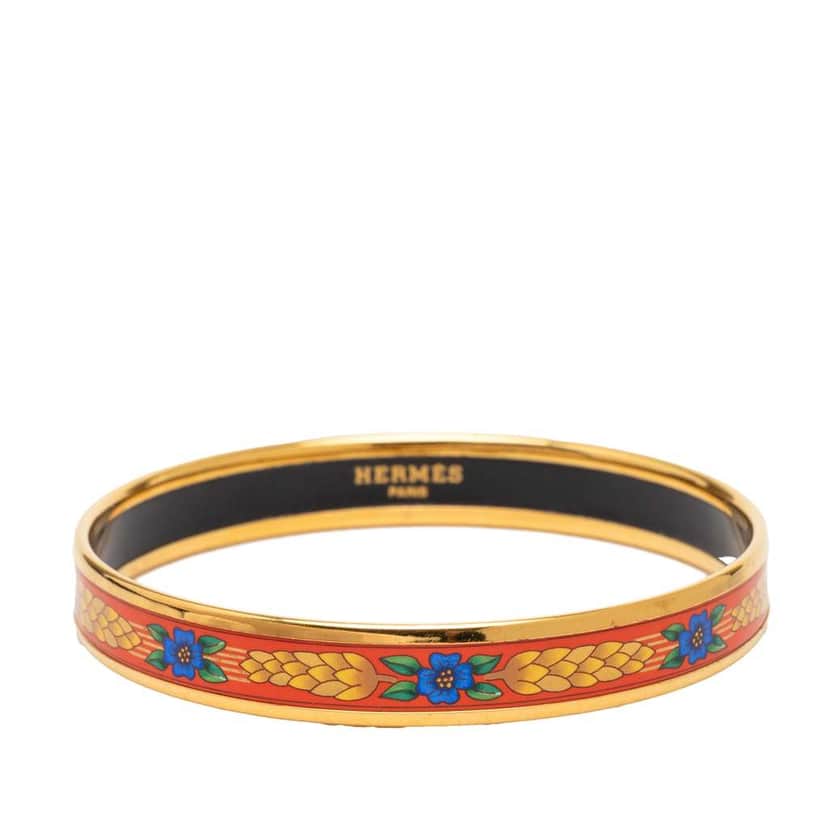 Hermès Narrow Floral and Wheat Enamel Bangle 62 Red Very good condition - Front View