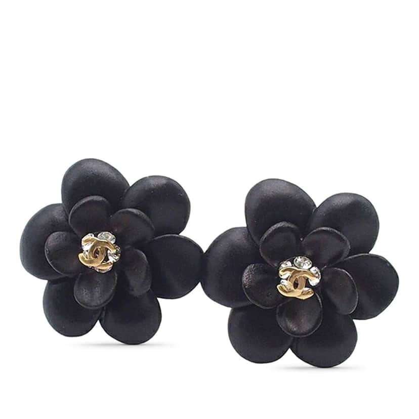 Chanel CC Resin Rhinestone Camellia Clip On Earrings Black Very good condition - Front View