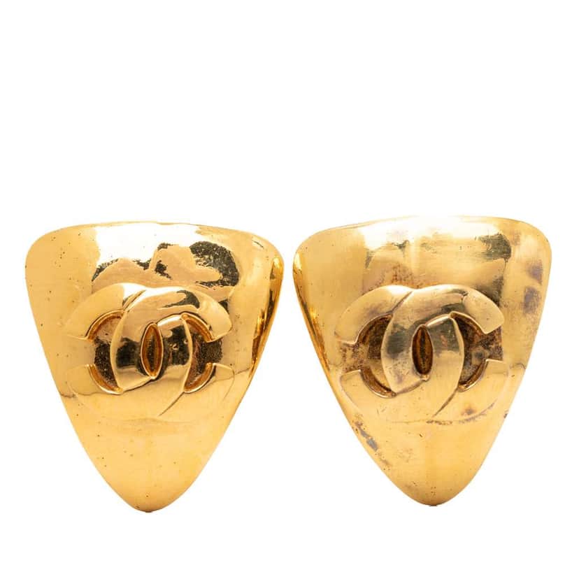 Chanel CC Gold Plated Triangular Clip On Earrings Gold Metal Very good condition - Front View
