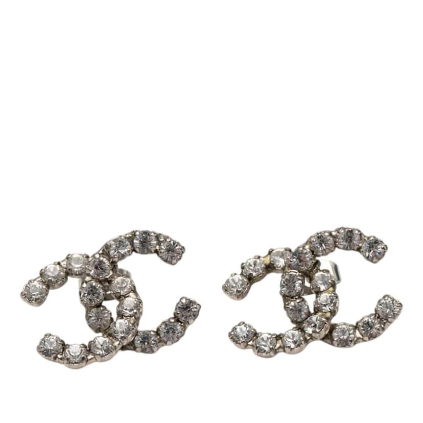 Chanel CC Silver Plated Crystal Stud Push Back Earrings Silver Metal Very good condition - Front View