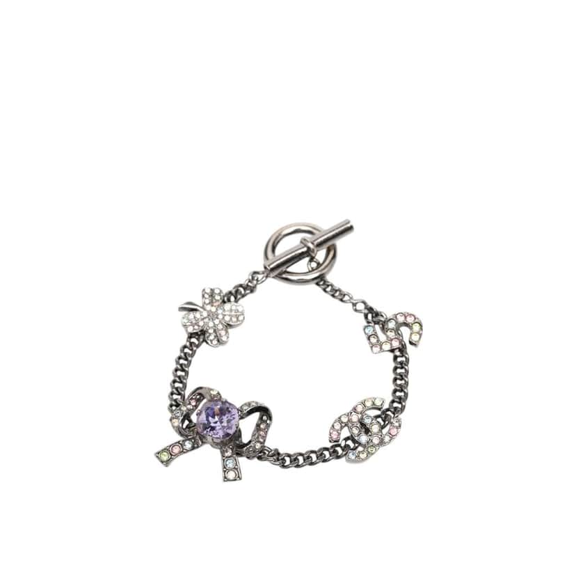 Chanel Silver Plated Crystal CC No. 5 Bow Charm Bracelet Silver Metal Very good condition - Front View