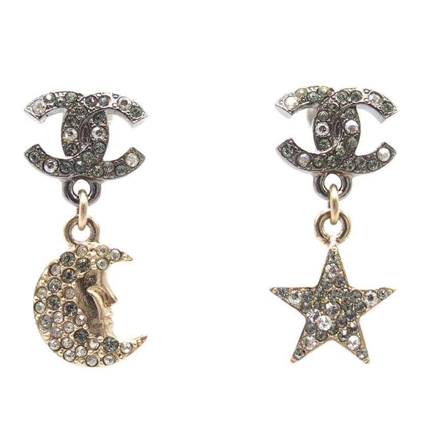 Chanel CC Silver and Gold Plated Crystal Moon and Star Drop Earrings Silver Metal Very good condition - Front View