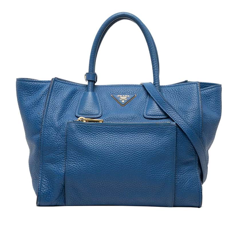 Prada Vitello Daino Front Pocket Open Convertible Tote Blue Leather Very good condition - Front View