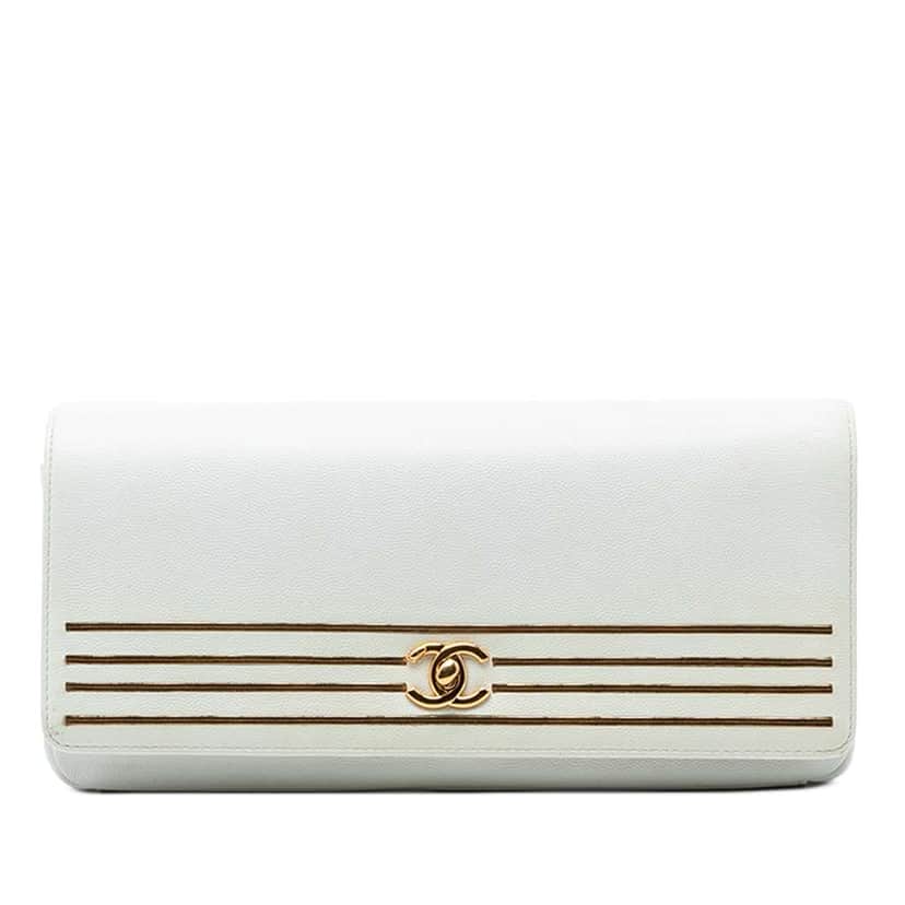Chanel Caviar Captain Gold Clutch White Leather Very good condition - Front View