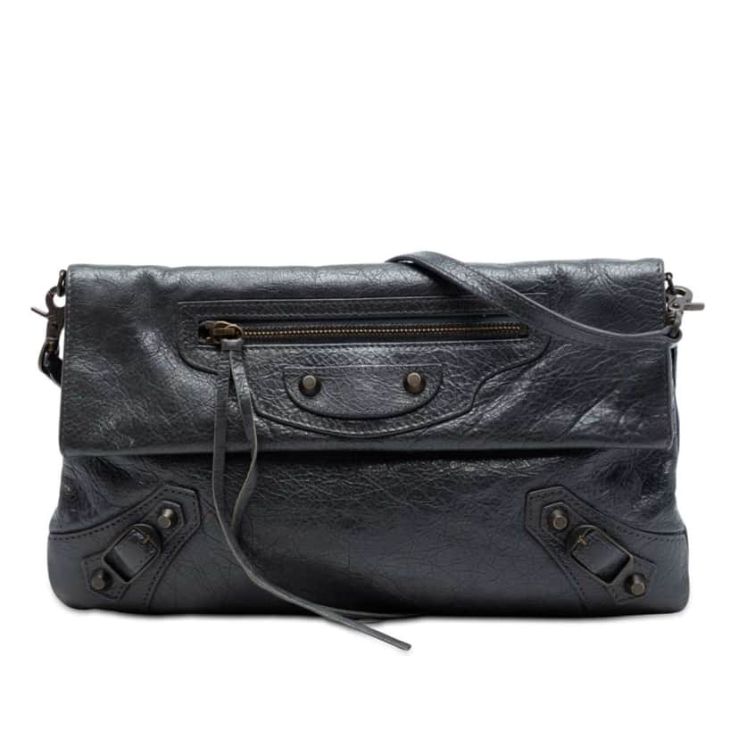 Balenciaga Chevre Motocross Classic Envelope Clutch with Strap Grey Leather Very good condition - Front View