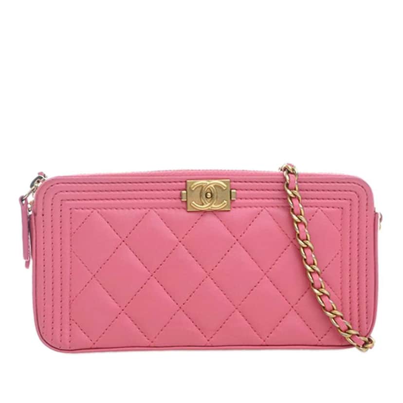 Chanel Quilted Lambskin Boy Double Zip Wallet On Chain Pink Leather Very good condition - Front View