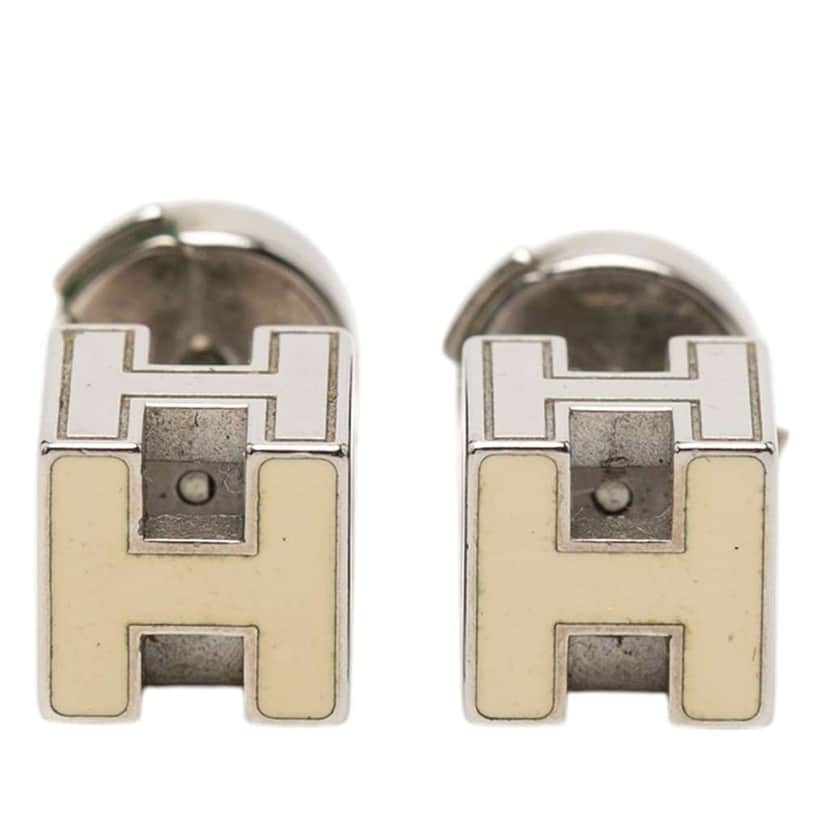 Hermès Palladium Plated Cage D H Cube Earrings Silver Metal Very good condition - Front View