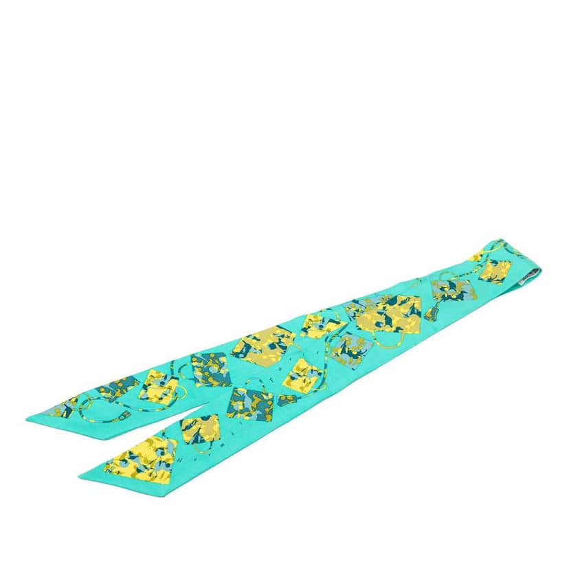 Hermès Kelly En Caleche Silk Twilly Scarf Blue Silk Never worn - Front View