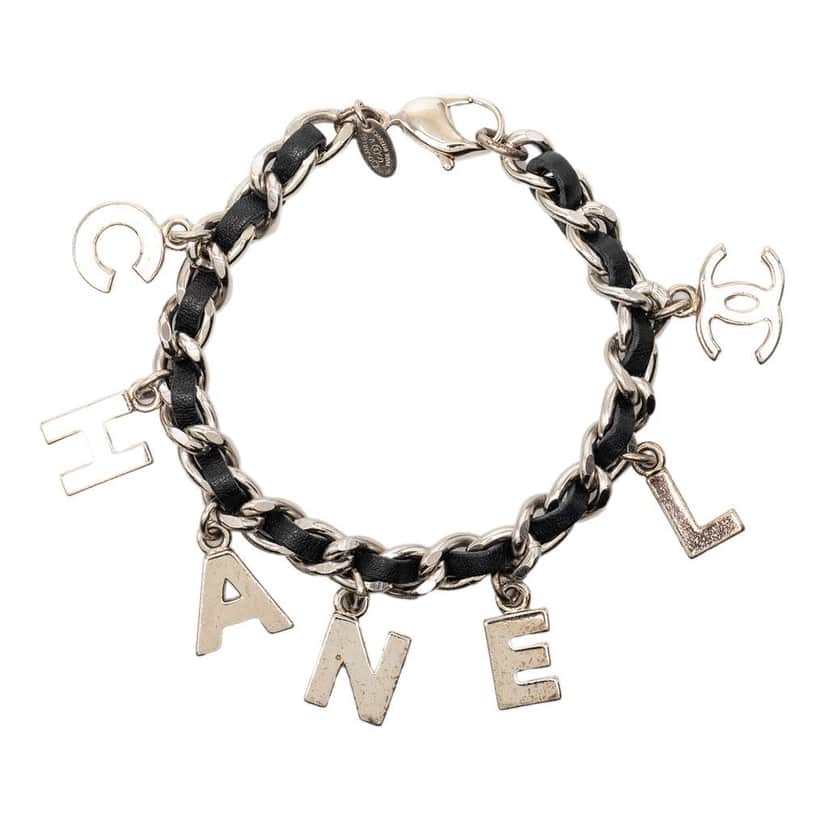 Chanel Silver Plated and Leather Woven Logo Charm Bracelet Silver Metal Very good condition - Front View