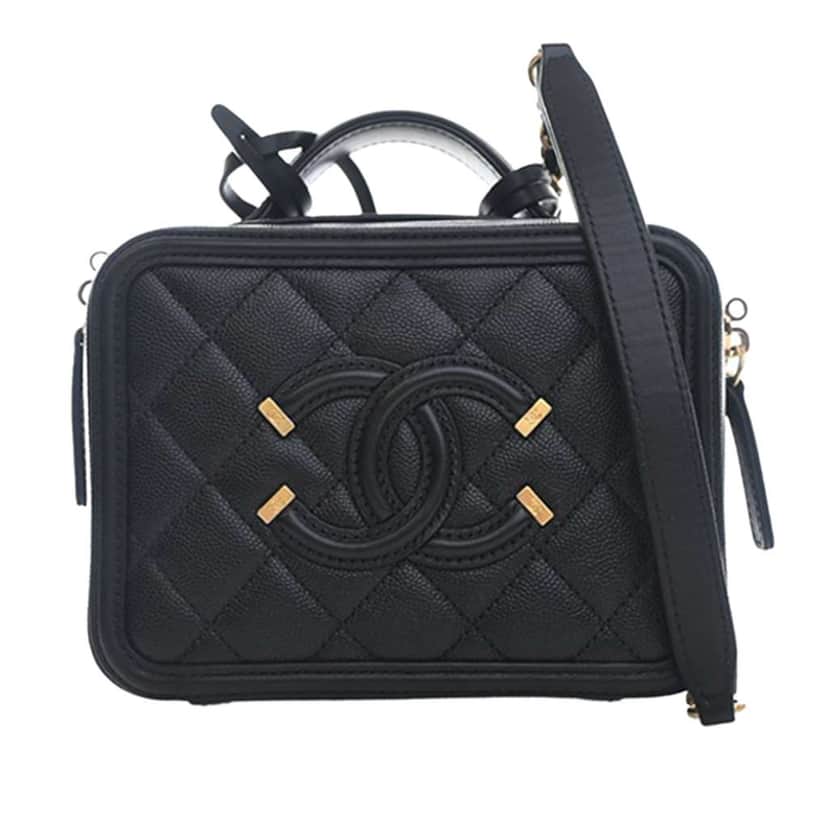 Chanel Small Caviar CC Filigree Vanity Case Black Leather Very good condition - Front View