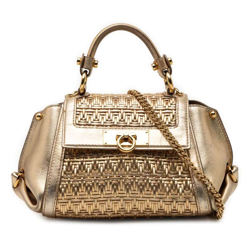 Salvatore Ferragamo Mini Metallic Woven Leather Gancini Sofia Satchel Gold Leather Very good condition - Front View
