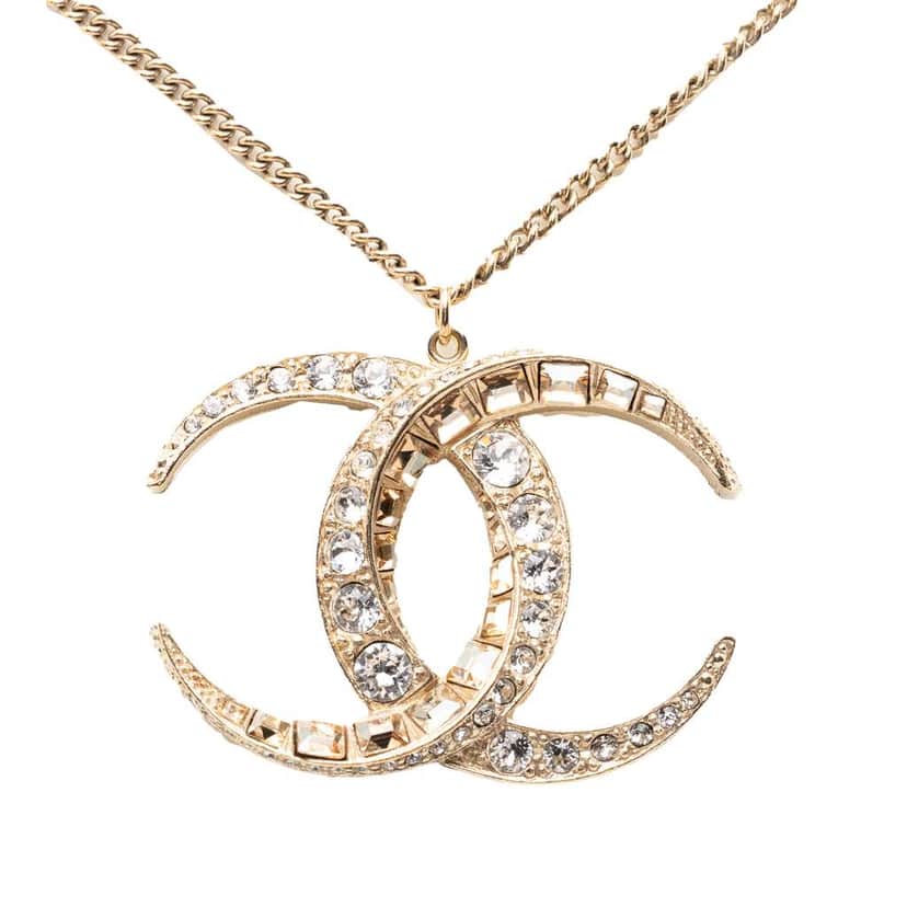 Chanel CC Gold Plated Strass Moon Pendant Necklace Gold Metal Very good condition - Front View
