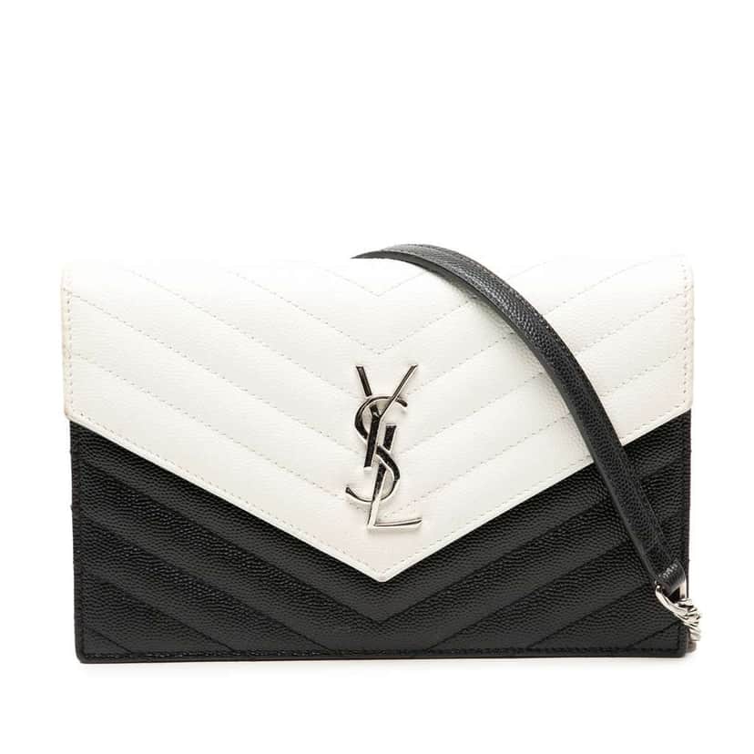 Saint Laurent Bicolor Grain De Poudre Cassandre Envelope Chain Wallet Black Leather Very good condition - Front View