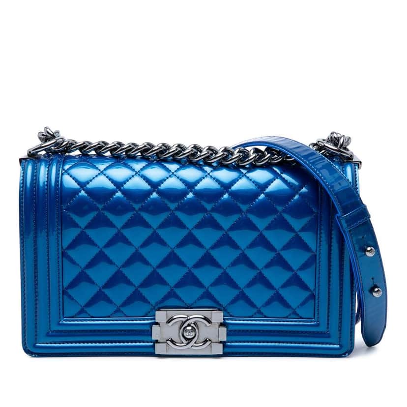 Chanel Old Medium Quilted Metallic Patent Boy Flap Blue Leather Very good condition - Front View