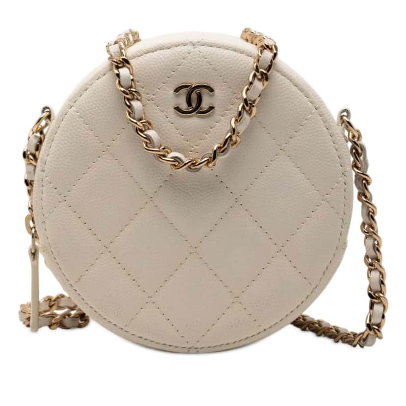 Chanel CC Quilted Caviar Round Clutch With Chain White Leather Very good condition - Front View