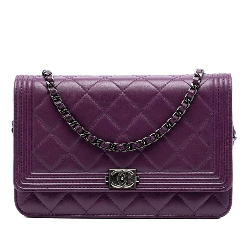 Chanel Quilted Lambskin Boy Wallet on Chain Purple Leather Very good condition - Front View