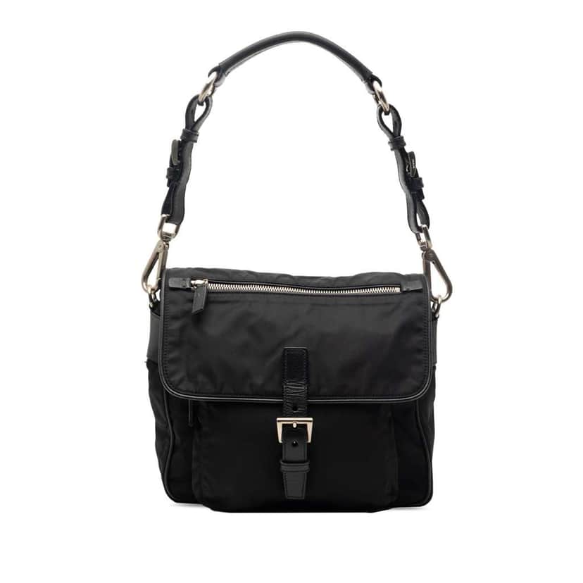 Prada Saffiano Trimmed Tessuto Shoulder Bag Black Very good condition - Front View