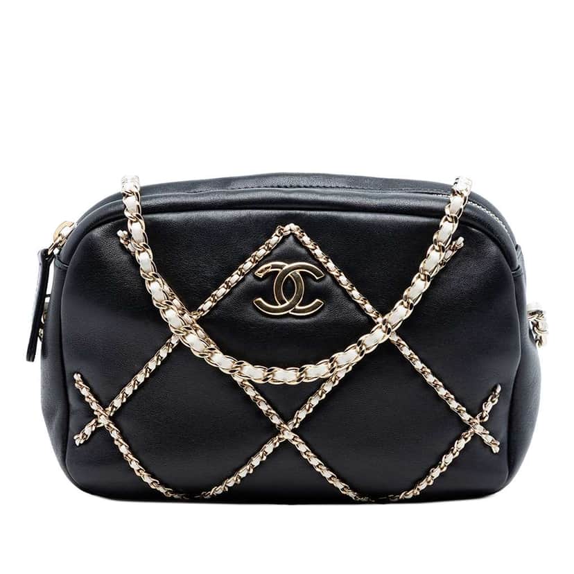 Chanel CC Lambskin Chain Embellished Camera Bag Black Leather Very good condition - Front View
