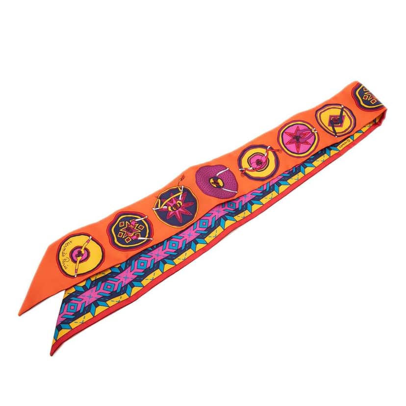 Hermès Belles Du Mexique Silk Twilly Scarf Orange Silk Very good condition - Front View