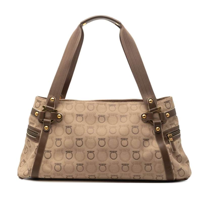 Salvatore Ferragamo Gancini Canvas Shoulder Bag Brown Canvas Very good condition - Front View