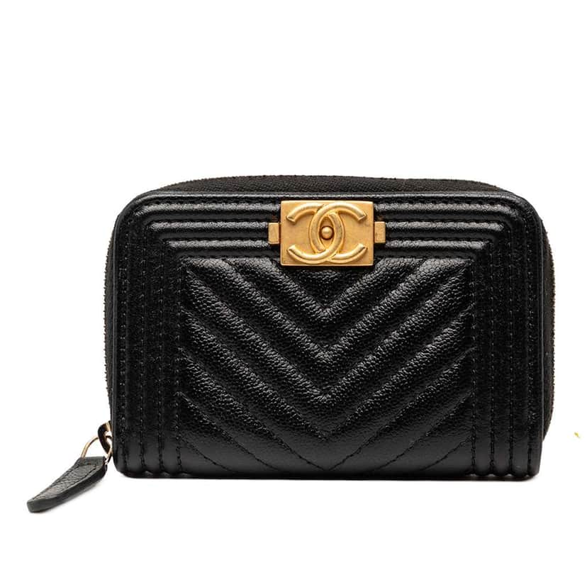 Chanel Chevron Caviar Boy Coin Pouch Black Leather Very good condition - Front View