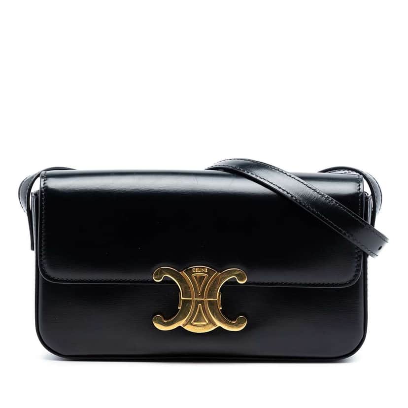 Celine Shiny Calfskin Claude Shoulder Bag Black Leather Good condition - Front View